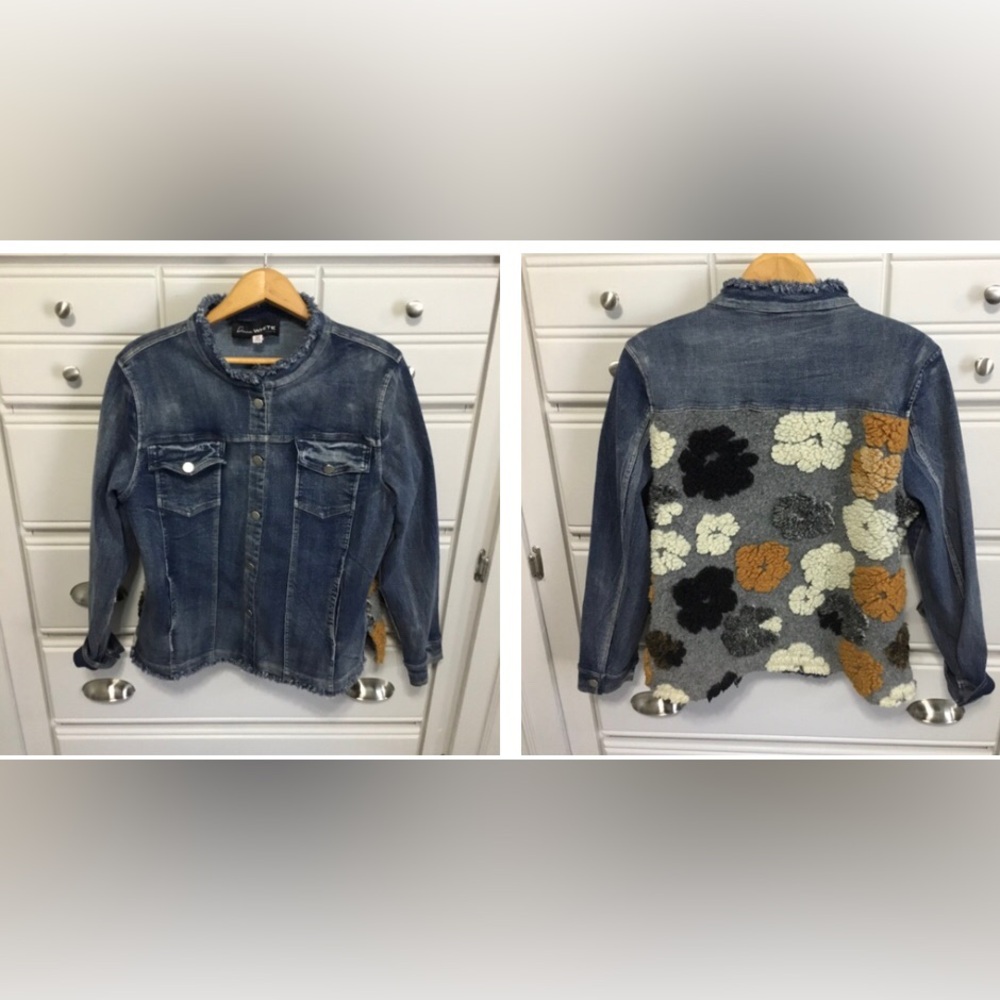 Boho Art To Wear Raised Tapestry Denim Donna White Coats L